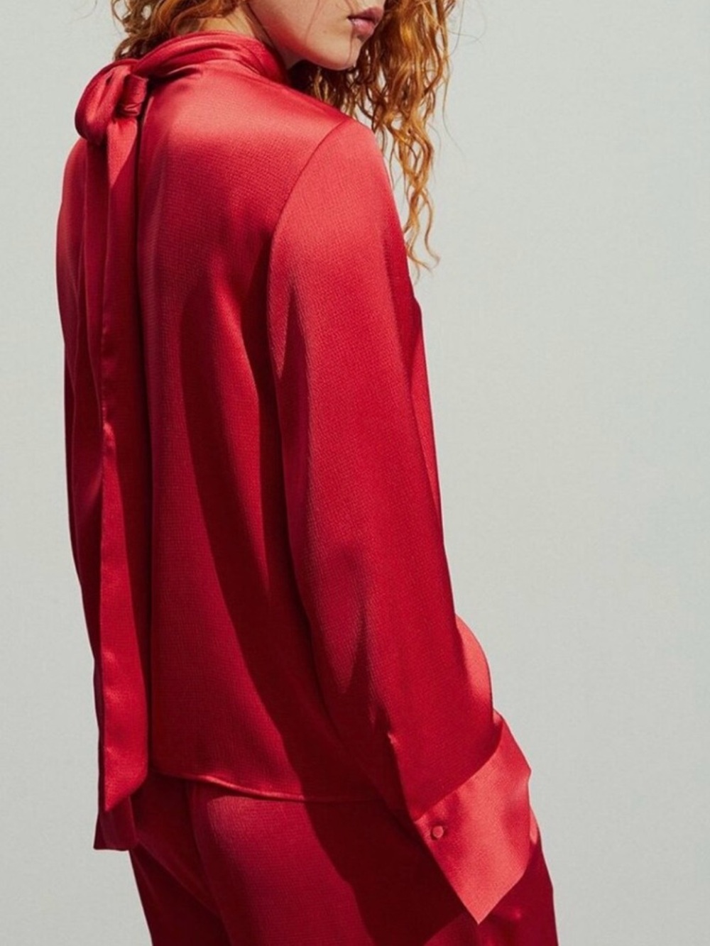 H&M Scarlet Red Satin Blouse with Tie Detail